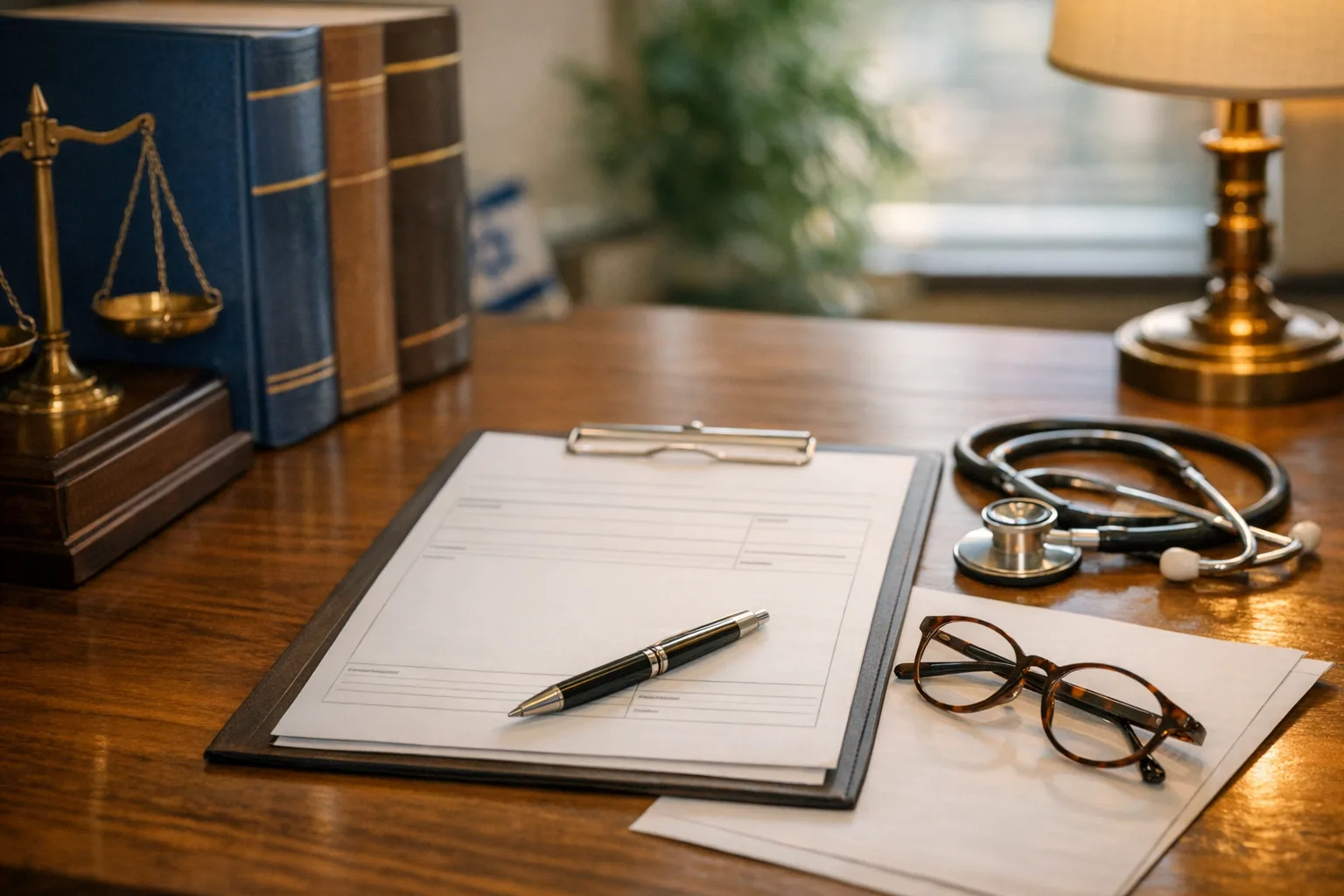 שולחן עורך דין עם ספרי דיני עבודה